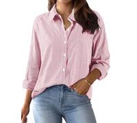 Lonya Camicia Donna Elegante a Maniche Lunghe Estiva Classica Blusa Collo V Button Down a Righe Casual Ufficio Camicette Rosso,S