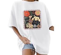 Lonya T Shirt Donna Girocollo Scollo Magliette Manica Corta Oversize Estate Casual Classica Cotone Taglie Forti Tee Shirt Allentato Donne Camicetta Carine Stampa Fiore, D-Bianco, XXL