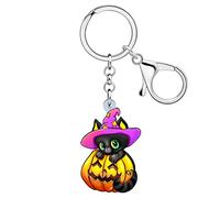 LONYOO Portachiavi a forma di gatto nero di Halloween, in acrilico, con zucca spettrale, cappello da strega, accessori per amanti dei gatti, regali per donne e ragazze, Viola, Medium