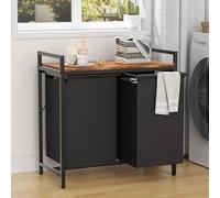 LOOBOV Cesto Portabiancheria 2 Scomparti, 2 x 50L Cesto Biancheria Sporca, Cesta Panni Sporchi con Ripiano, Telaio in Metallo, Marrone Vintage- Nero (2 Scomparti-100L)