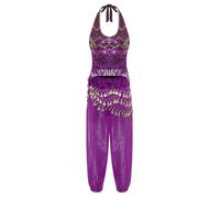 Loodgao Abbigliamento per Danza Orientale Belly Dance Donna Top Corto E Pantalone Costume Principessa Araba Indiana Halloween Carnevale Abbigliamento per Club Viola XL