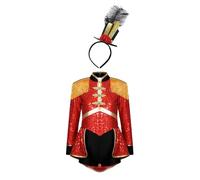Loodgao Bambine Bambina Circo Direttore Domatore Di Leoni Costume Halloween Scintillanti Paillettes Performance Body Con Mini Cappello A Cilindro Rosso A 15-16 anni