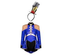 Loodgao Bambine Bambina Circo Direttore Domatore Di Leoni Costume Halloween Scintillanti Paillettes Performance Body Con Mini Cappello A Cilindro Blu Reale A 15-16 anni