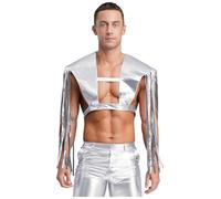 Loodgao Uomo Sciarpa Spalle E Lucente Crop Top Camisole Con Frange Costume Spettacolo Carnevale Festa Argento XL