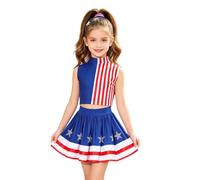 Loodgao Vestito Danza Cheerleading Senza Maniche Bambina Uniforme Con Pompom La Cerimonia Della Festa Nazionale Statunitense Blu Rosso Bianco 9-10 anni