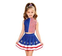 Loodgao Vestito Danza Cheerleading Senza Maniche Bambina Uniforme Con Pompom La Cerimonia Della Festa Nazionale Statunitense Blu Rosso Bianco 5-6 anni