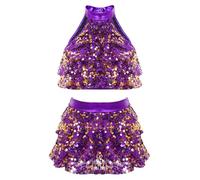 Loodgao Vestito Latin o Bambina 3-16 Anni Paillettes Gonna Tulle Ballo Salsa Tango Rumba Bachata Costume Danza Sportivo Top Corto Moda Bambino Viola 15-16 Anni