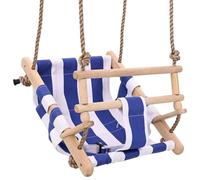LoogCape Altalena per bambini con cintura di sicurezza in cotone e legno, blu, per bambini da 6 a 36 mesi, regolabile in altezza, adatta per interni ed esterni, con barra di sicurezza