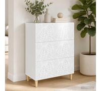 LoogCape Cassettiera bianca lucida, 3 cassetti, in legno e gambe in eucalipto, 66 x 34,5 x 90 cm, per ufficio, cucina, corridoio, cantina