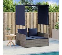 LoogCape Doppio lettino prendisole con tetto e tende, grigio, in polyrattan, imbottito, resistente alle intemperie, resistente ai raggi UV, per giardino, balcone, terrazza, piscina, all'aperto