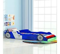 LoogCape Lettino per bambini con LED a forma di auto da corsa, 90 x 200 cm, blu, struttura in legno stabile con striscia LED che cambia colore, rete a doghe, facile da montare