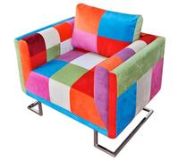 LoogCape Poltrona a cubo con gambe cromate, tessuto design patchwork, struttura in legno e braccioli, 85,5 x 63 x 74 cm, portata 110 kg, per soggiorno, camera e ufficio, comoda sensazione di seduta