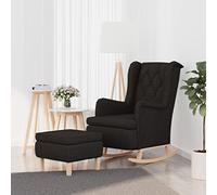 LoogCape Poltrona a dondolo con sgabello in tessuto nero, poltrona relax con braccioli e schienale, imbottitura in schiuma, legno massello di cauccia, 65 x 91 x 100 cm, per soggiorno, lounge