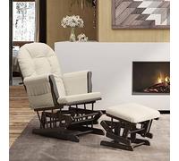 LoogCape Poltrona a dondolo scorrevole con sgabello, tessuto bianco crema e telaio nero, per il relax in soggiorno, camera da letto, cameretta dei bambini, balcone, ideale per rilassarsi, allattare