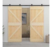 LoogCape Porta scorrevole in legno di pino massiccio, set da 2 pezzi, naturale e nero, con guida in acciaio verniciato a polvere, 183 x 5,5 x 210 cm, come divisorio per interni