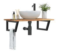 LoogCape Scaffale per lavabo da parete in acciaio e legno di acacia, piastra superiore, 100 x 50 x 2 cm, supporto trapezoidale, 100 kg, per lavabo e mobili da bagno