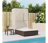 LoogCape Sdraio doppio con tetto e tende, marrone, in polyrattan, schienale regolabile, cuscino imbottito, resistente alle intemperie, per giardino, balcone, terrazza, spiaggia