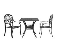 LoogCape Set da 3 pezzi nero in alluminio pressofuso, resistente alle intemperie, per giardino, terrazza e balcone, con foro per ombrellone, comode sedie, ideali per le conversazioni all'aperto