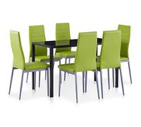 LoogCape Set da pranzo verde da 7 pezzi dal design moderno, in vetro temperato e ecopelle, ideale per sala da pranzo, cucina o salotto, include 1 tavolo e 6 comode sedie
