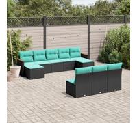 LoogCape Set di 10 divani da giardino in polyrattan nero, design modulare per terrazza, balcone, resistente ai raggi UV, con cuscino blu per una vita all'aperto rilassata