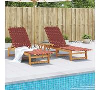 LoogCape Set di 2 lettini prendisole con tavolo, rosso, in legno massiccio di acacia, finitura a olio, schienale regolabile a 4 livelli, imbottitura in olefina resistente alle intemperie, per terrazza