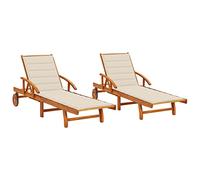 LoogCape Set di 2 lettini prendisole in legno massello di acacia, con cuscini, regolabili con ruote, pieghevoli, per giardino, balcone, terrazza, piscina, esterni, resistenti alle intemperie, fino a