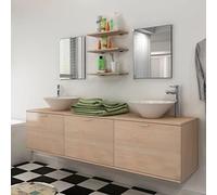 LoogCape Set di mobili da bagno da 8 pezzi, beige, con lavabo, due specchi, tre ripiani e due lavandini in ceramica, per WC degli ospiti, lavanderia, da appendere o da terra, in legno, 180 cm