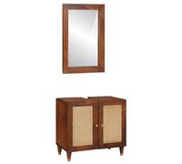 LoogCape Set di mobili da bagno nero e oro in legno massiccio di mango, con specchio piatto, pensile da parete con vano portaoggetti, mobiletto sottolavabo per ordine nel lavandino
