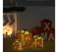 LoogCape Set di scatole regalo decorative con 3 scatole natalizie rosse, 60 LED, 8 effetti luminosi, per interni ed esterni, funzionamento a batteria, tessuto resistente, cavo da 5 m, magica atmosfera