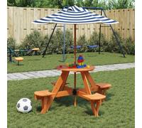LoogCape Tavolo da picnic per 4 bambini con ombrellone, rotondo, in legno di abete, per terrazza, esterni, rivestimento in poliestere, per giocare e pasti
