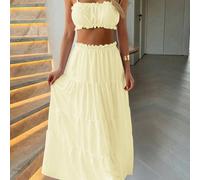 Look Polly Set da 2 pezzi da donna, top canotta senza spalline e gonna lunga in colore unito, abito da donna, outfit per il ritorno a scuola, abbigliamento autunnale da donna color crema giallo, adatt