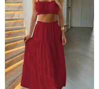 Look Polly Set da 2 pezzi da donna, top canottiera senza spalline e gonna lunga di colore unito, abito da donna, outfit per il ritorno a scuola, abbigliamento autunnale da donna, abito da chiesa, outf