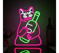 Looklight Gatto bottiglia di birra al neon, targa a LED, decorazione da parete con animali, dimmerabile, a LED, per decorazione da parete, luce con USB, per birra, bar, feste, feste di compleanno