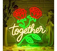 Looklight Red Rose Flower Together - Targa fluorescente per decorazione da parete, con LED, decorazione della stanza, per matrimonio, anniversario, San Valentino, fidanzamento, Natale, 32 x 33 cm