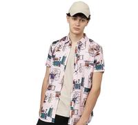 LookMark Camicia da uomo alla moda in misto cotone con colletto spalmato mezza manica stampata||Camicia da festa stampata per uomo||AZ-LM-P1-Camicia stampata Dean-Parent, Crema, 42