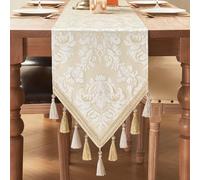 Loom and Mill Elegante runner da tavola in jacquard lungo 183 cm, runner da tavola floreale di lusso con nappe multiple fatte a mano, per sala da pranzo, comò, feste, vacanze, banchetti (beige e