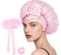 Loomify Cuffia Seta Capelli Notte, Bonnet Seta per Capelli Ricci, Cuffia Capelli Ricci Notte per Dormire, Bonnet Satin con Scrunchie per Donna e Ragazza (Rosa)