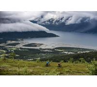 Loop Images Ltd - Poster stampato 20 x 13 cm, due uomini in mountain bike montano un sentiero sopra il villaggio di Skibotn guardando il fiordo di Lyngen nel nord della Norvegia