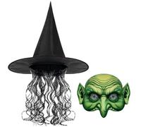 LOOPES 2pcs Maschera Strega Halloween con Capelli Cappello Maschera Verde Horror Set Costume da Strega Accessori Costume Inquietante per Donna Halloween Cosplay Carnevale
