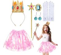 LOOPES 6 Pezzi Principessa Peach Costume Ragazze Rosa Principessa Costume Corona Set Peach Cosplay Costume per Halloween Cosplay Carnevale Ragazze Bambini Festa di Compleanno
