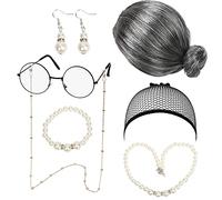 LOOPES 7 Pezzi Set Costume Vecchia Signora,Accessori Costumi Nonna Parrucca Cappuccio Parrucca Occhiali Catene Bracciale Collana Perle Vecchie Signore Halloween Carnevale Decorazione Mardi Gras