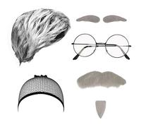 LOOPES Accessori per il Costume Nonno Materno (Parrucca, Barba, Sopracciglia, Occhiali) 7 Pezzi Costumi da Nonno di Halloween, Parrucca Grigia Dress Up Grandpa di Carnevale per Feste Cosplay
