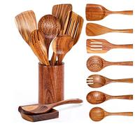 LOOR 9 cucchiai in legno per cucinare, utensili in legno per cucinare con porta utensili, set di utensili da cucina in legno di teak