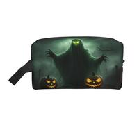 Lootpe Borsa per il trucco con stampa di zucca di Halloween con fantasma verde, borsa da viaggio portatile, organizer per articoli da toeletta, grande borsa per il trucco da donna