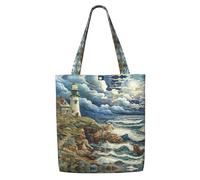 Lootpe The Seaside Lighthouse stampa borse riutilizzabili della drogheria, poliestere Tote Bag, borse casual, pratica borsa della spesa pieghevole.