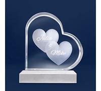 LOOXIS Incisione personalizzata a cuore 3D con nome e testo laserati in Cuore di vetro - ologramma, varie dimensioni + motivi - Idea regalo, anniversari, San Valentino - M incl. base luminosa a LED