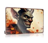 LOP Divertente cartello da ufficio con sorriso diabolico tra foglie autunnali in latta, divertente cartello per garage e bar, decorazione in metallo (30 x 40 cm)