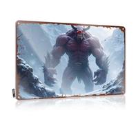 LOP Targa in metallo decorativa vintage con bestia mostruosa in montagna innevata, cartello in latta per camera da letto, porta, segno limite birra (30 x 40 cm)