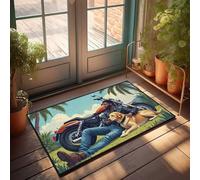LOP Zerbino per esterni con uomo e cane che si rilassano accanto alla moto in ambiente tropicale, tappetino per scarpe per la tua stanza (50 x 80 cm)