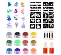 LOPHE Kit Tatuaggi Glitterati Bambini, 12 Colori Brillantini, 16 Stencil, 2 Colla per Glitter, 12 Pennello, Tatuaggi Temporanei per Festa, Natale, Carnevale, Regalo Bambina